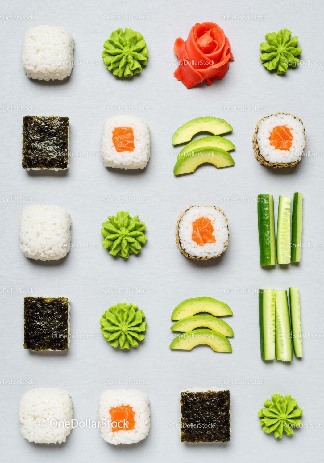 Assorted sushi rolls and fresh ingredient pattern