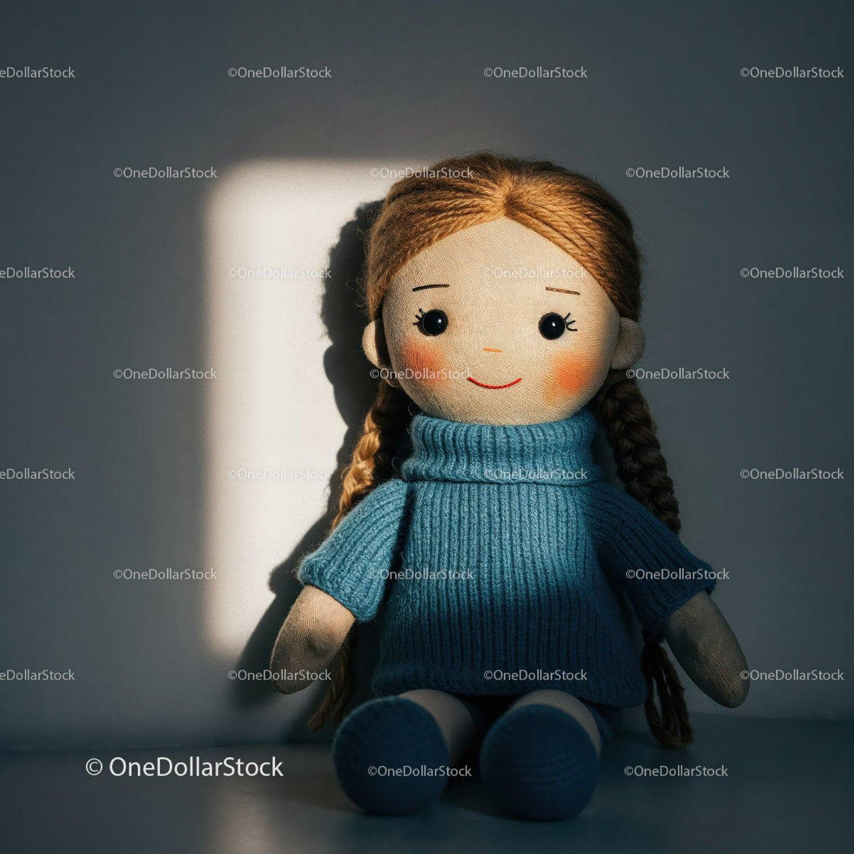 Fabric doll with brown braided hair in blue ribbed sweater sitting with shadow background