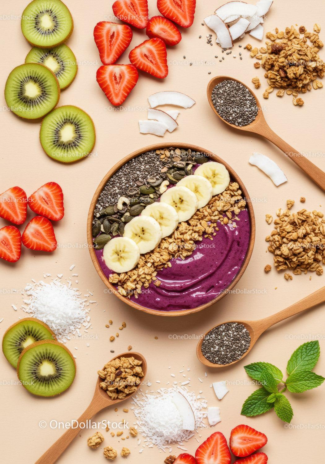 Colorful smoothie bowl with fresh fruit and seeds