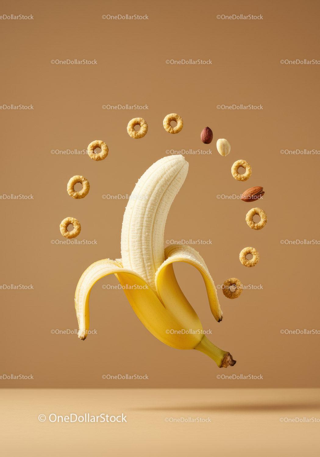 Peeled banana surrounded by cereal and nuts in pattern