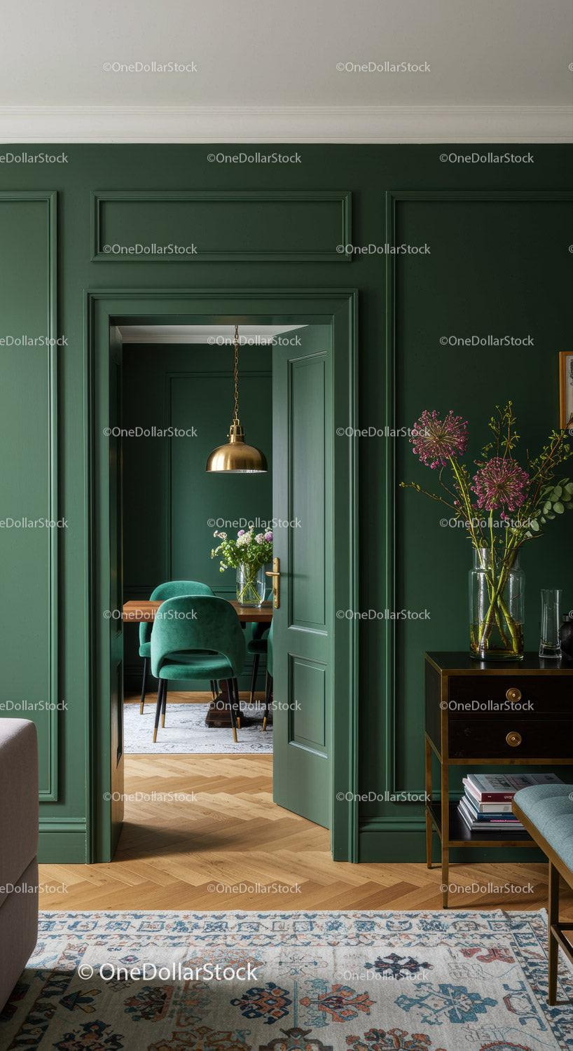 Elegant Green Walled Interior with Floral Accents and Gold Lighting
