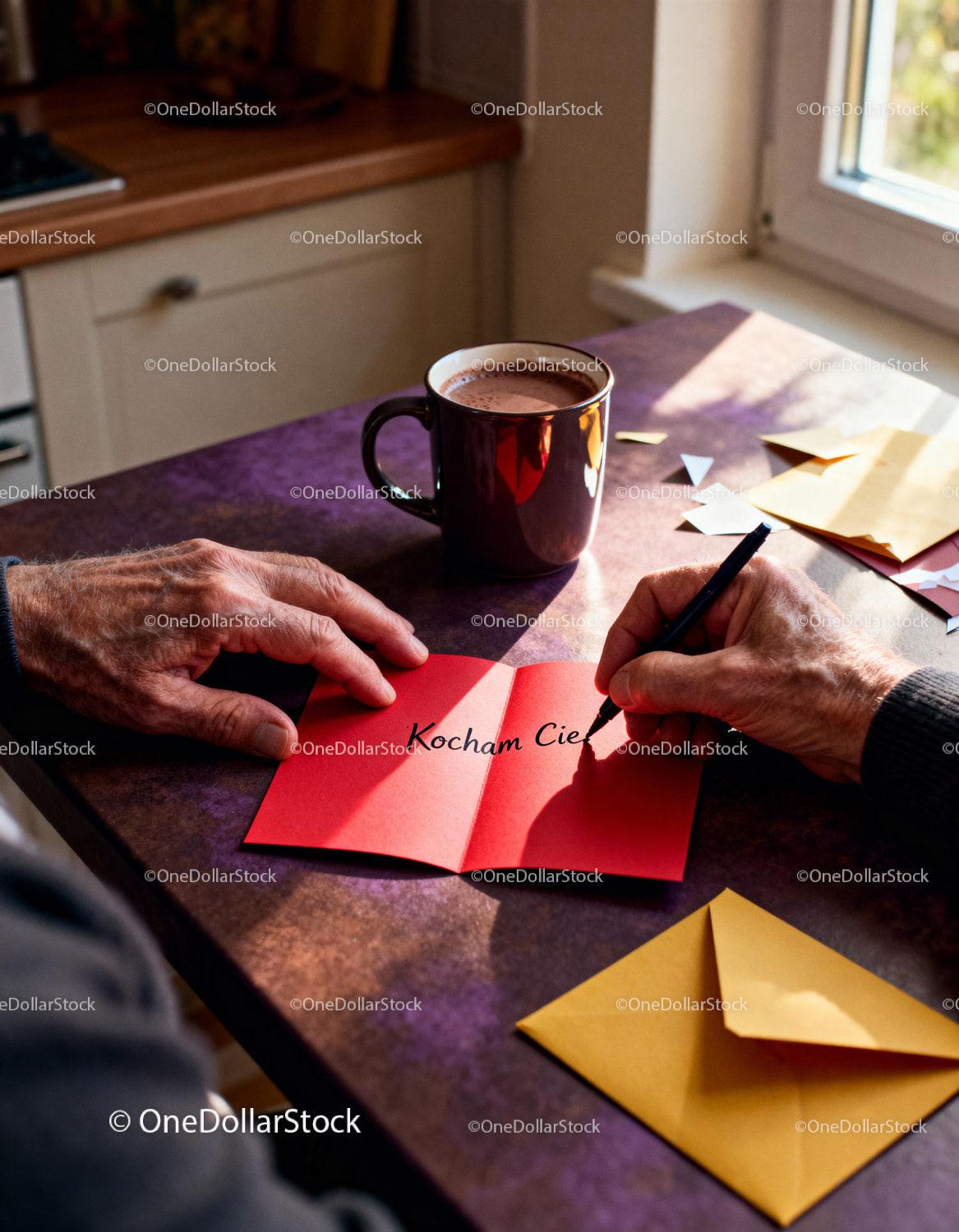 Person writing a love note on red card at cozy kitchen table