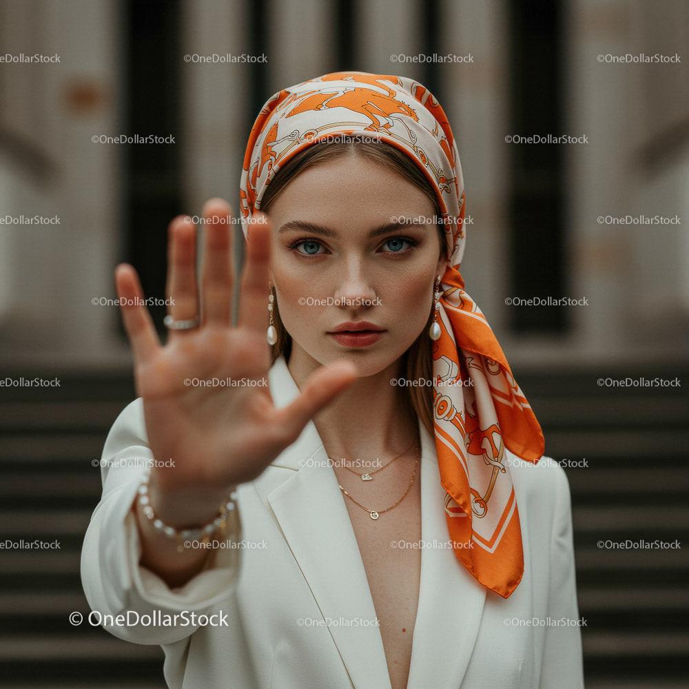 stock photo bundle made with Elegant Woman in Stylish Scarf Posing Confidently Outdoors Stock Photo Bundle