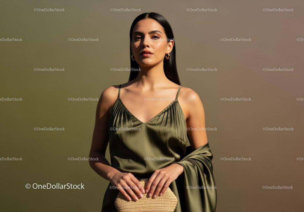 Elegant Woman in Satin Dress with Accessories in Outdoor Summer Setting