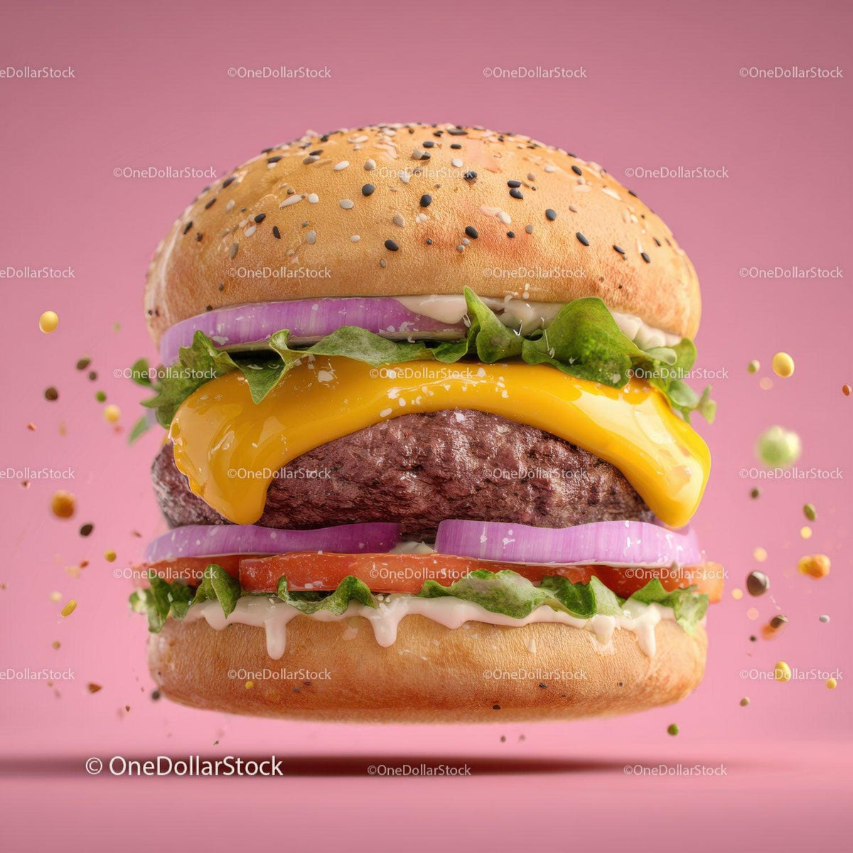 Juicy Cheeseburger with Melty Cheese and Fresh Vegetables on Pink Background Stock Photo Bundle preview 25