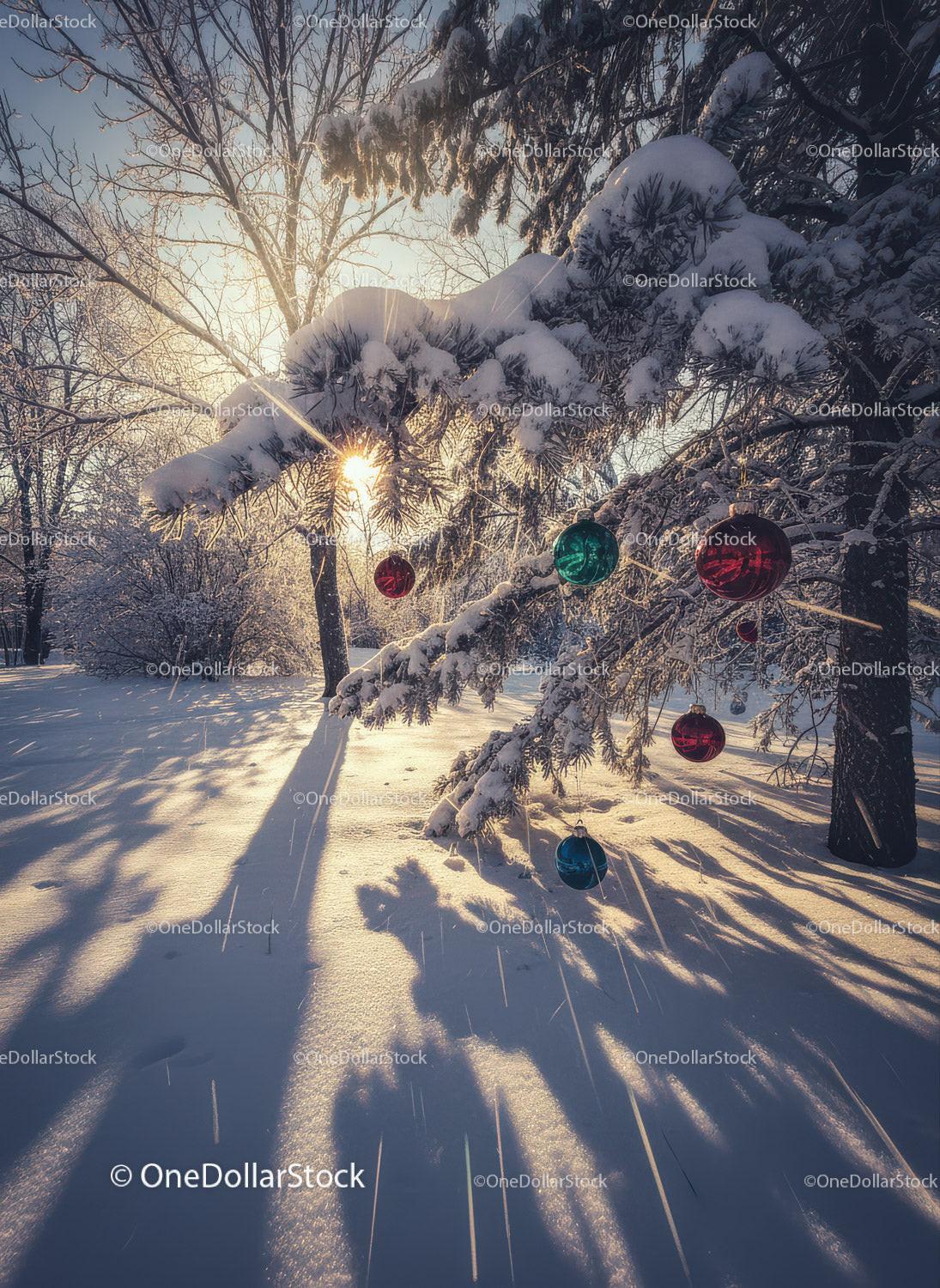Sunlit Snowy Branches Decorated With Christmas Ornaments