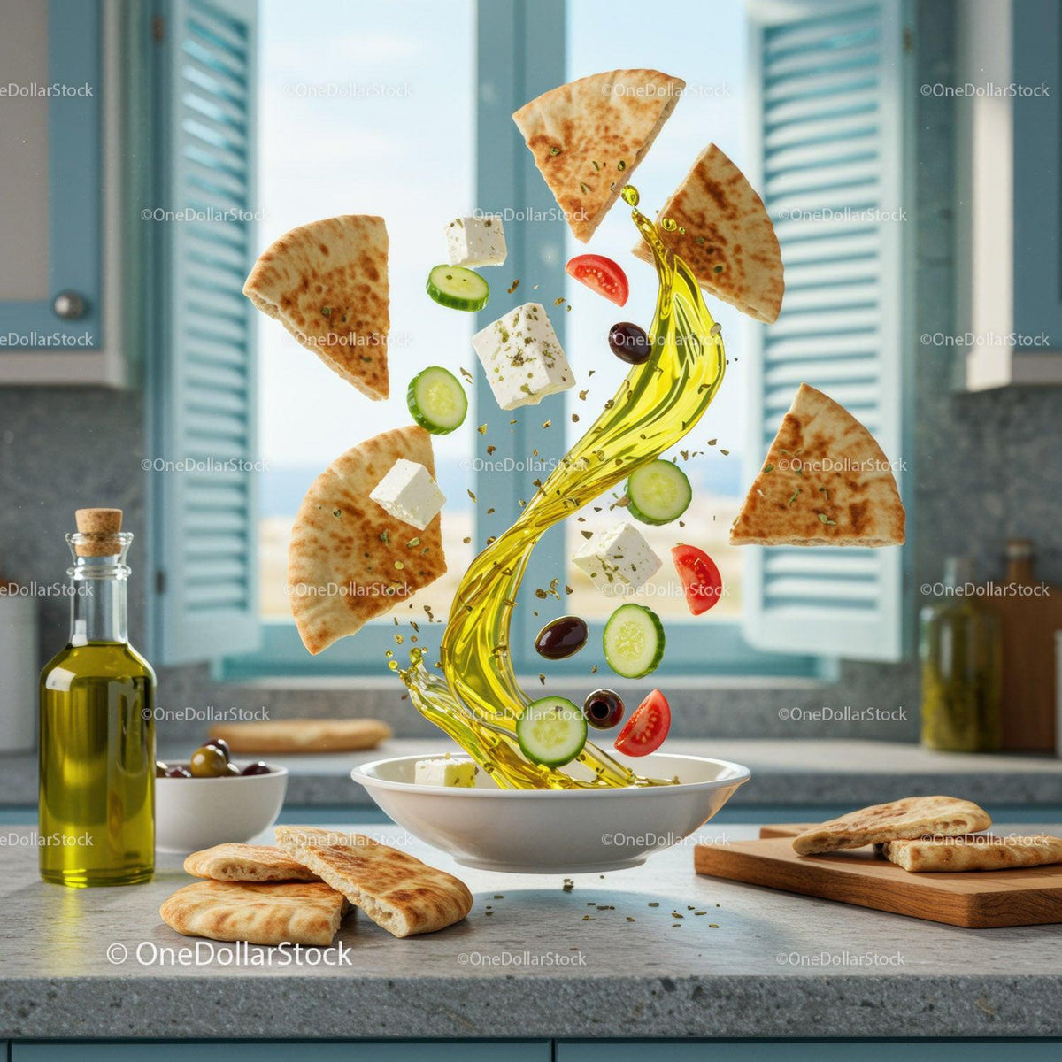 Fresh Mediterranean Salad Ingredients Floating Over Bowl