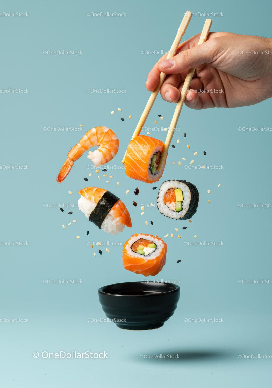 Hand Picking Fresh Sushi Roll Above Soy Sauce Bowl