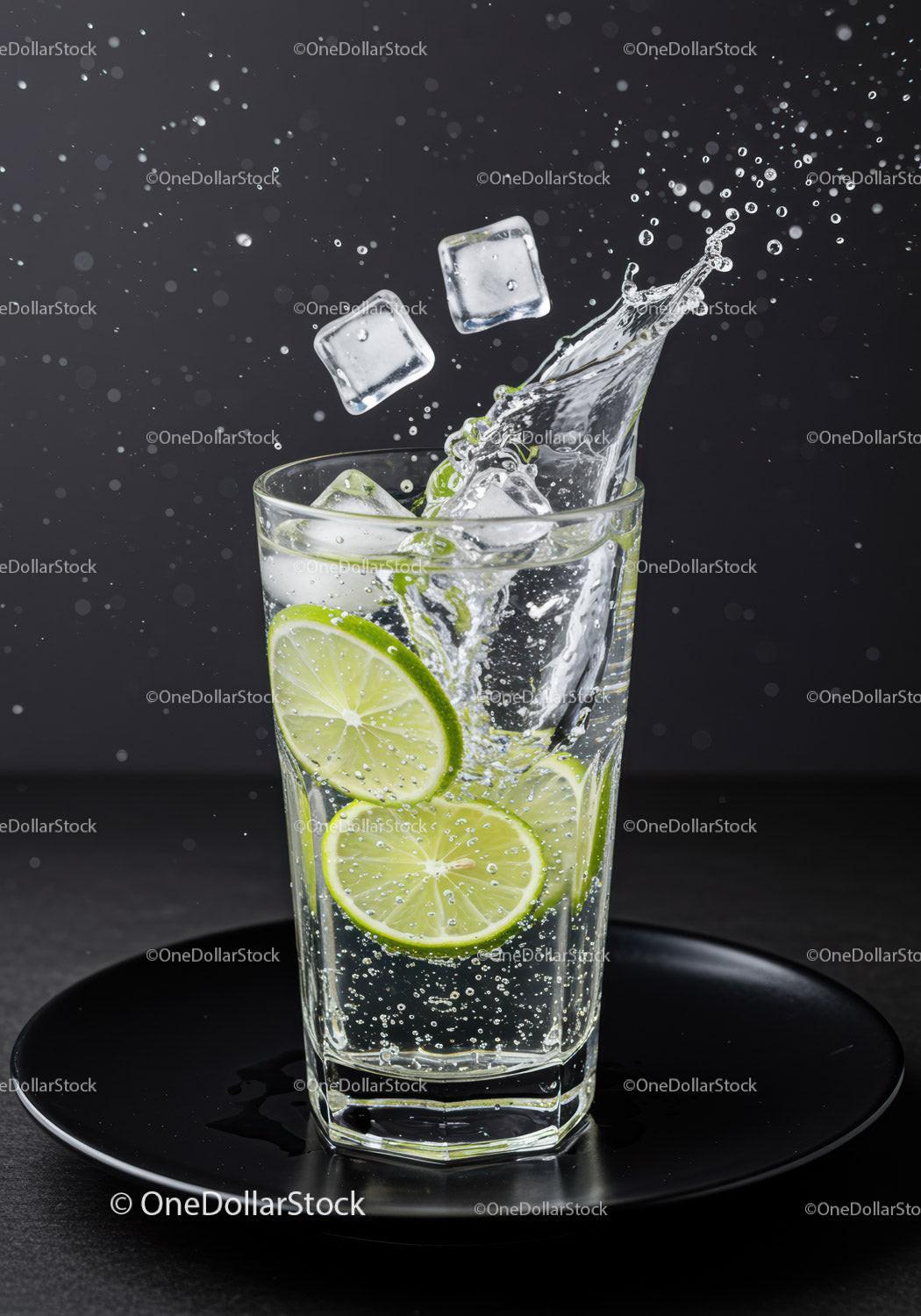 Refreshing sparkling water with lime and ice cubes splash