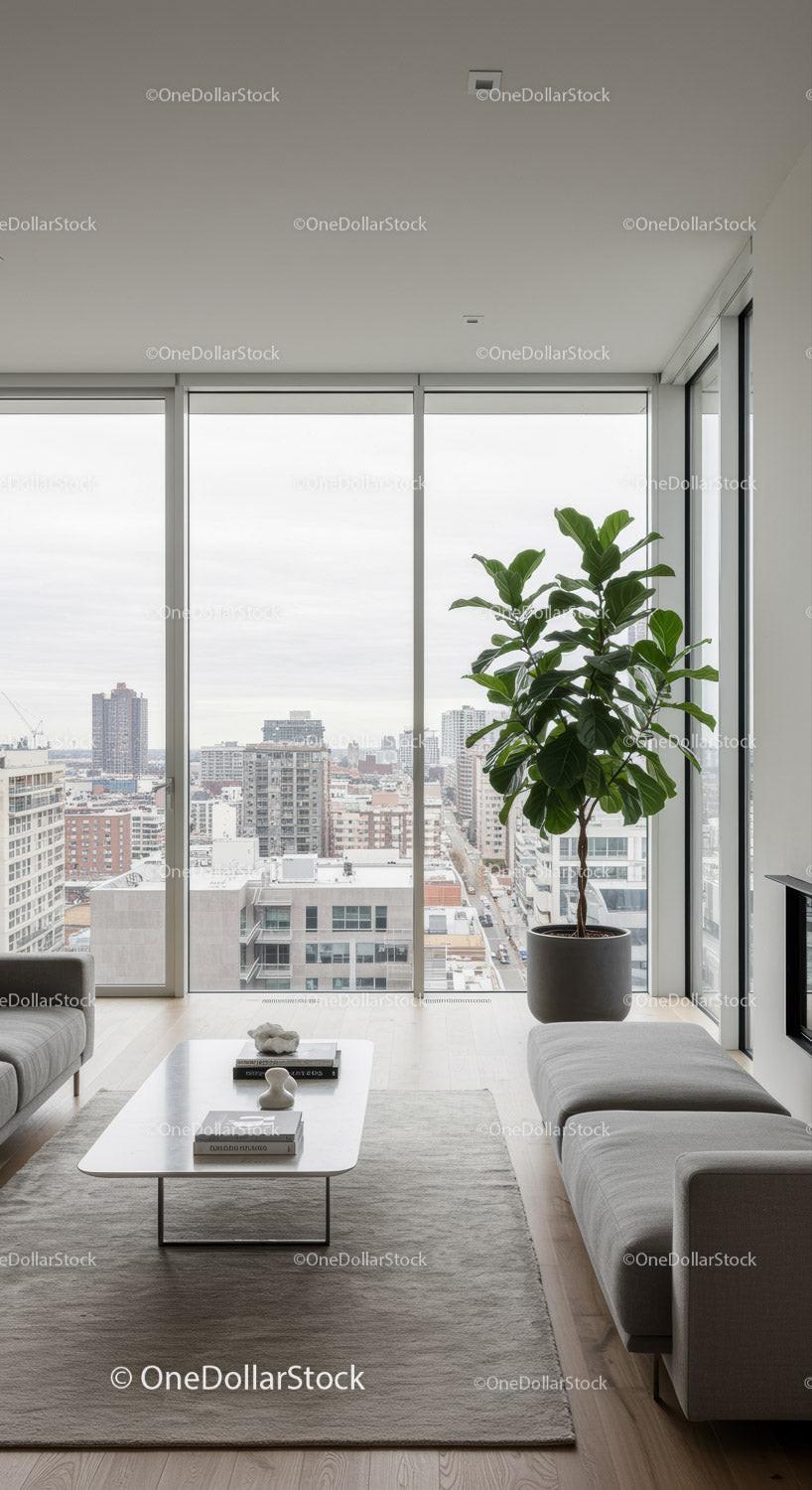 Modern Living Room with Large Window and Indoor Fiddle Leaf Fig Plant