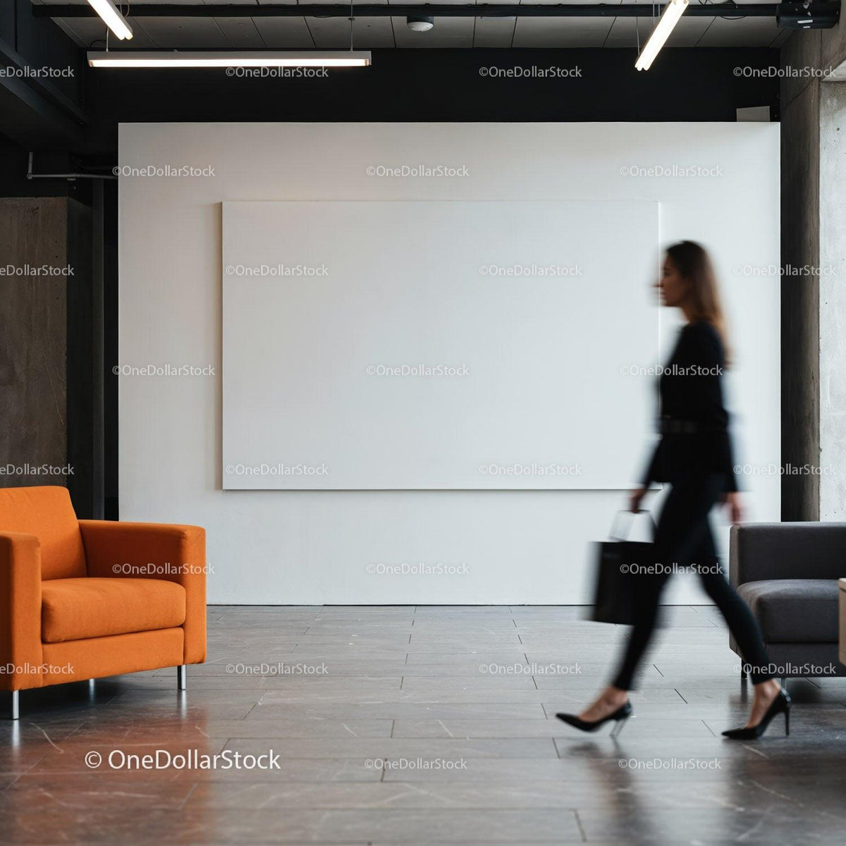 Blurred businesswoman walking through modern minimalist lobby JPG Mockup Image preview