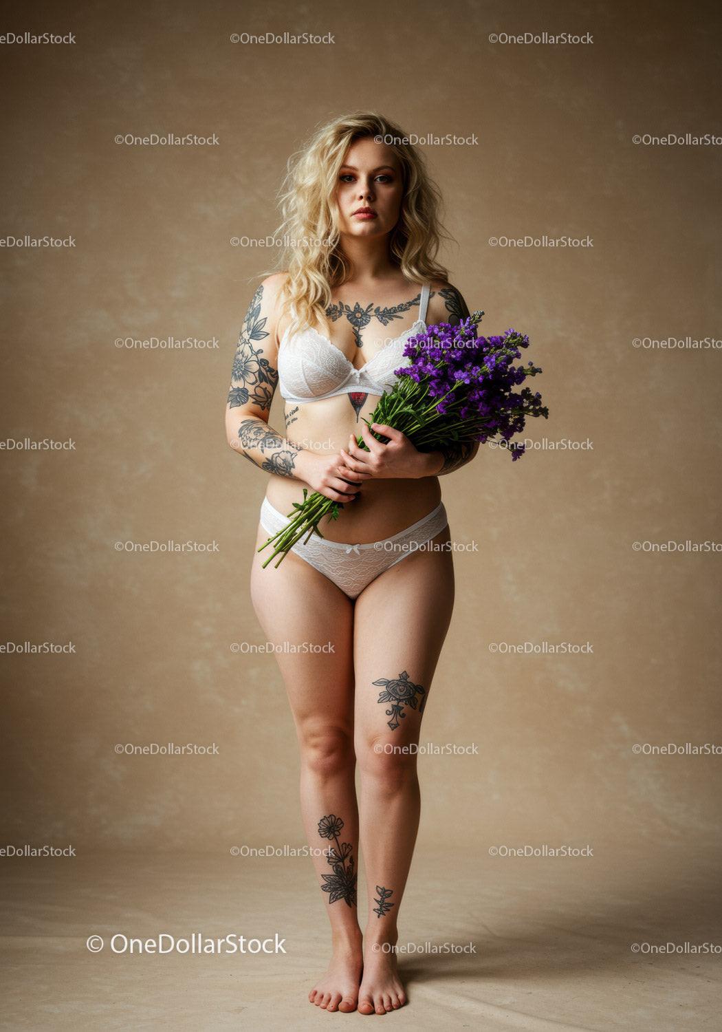 Stylish Woman with Tattoos Holding Purple Flowers in Lingerie