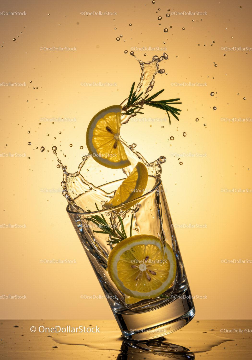 Refreshing lemon and rosemary splash in tilted glass