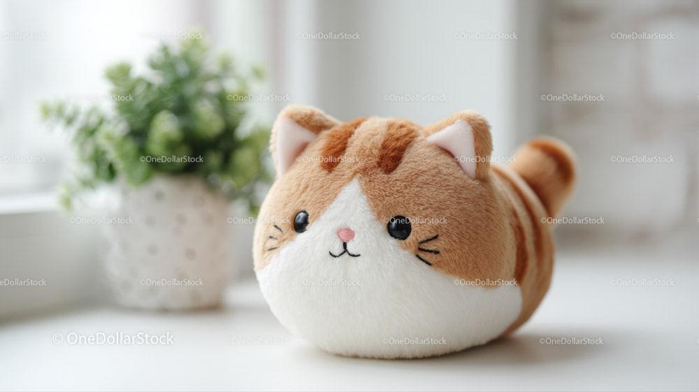 Small plush cat toy with light brown and white stripes on white surface