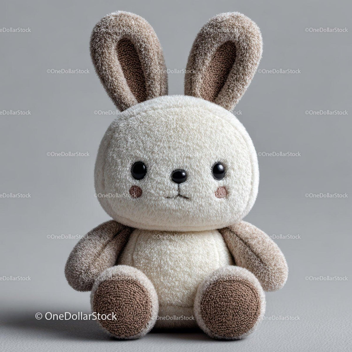 Plush bunny toy with cream body and brown ears and paws sitting on gray surface