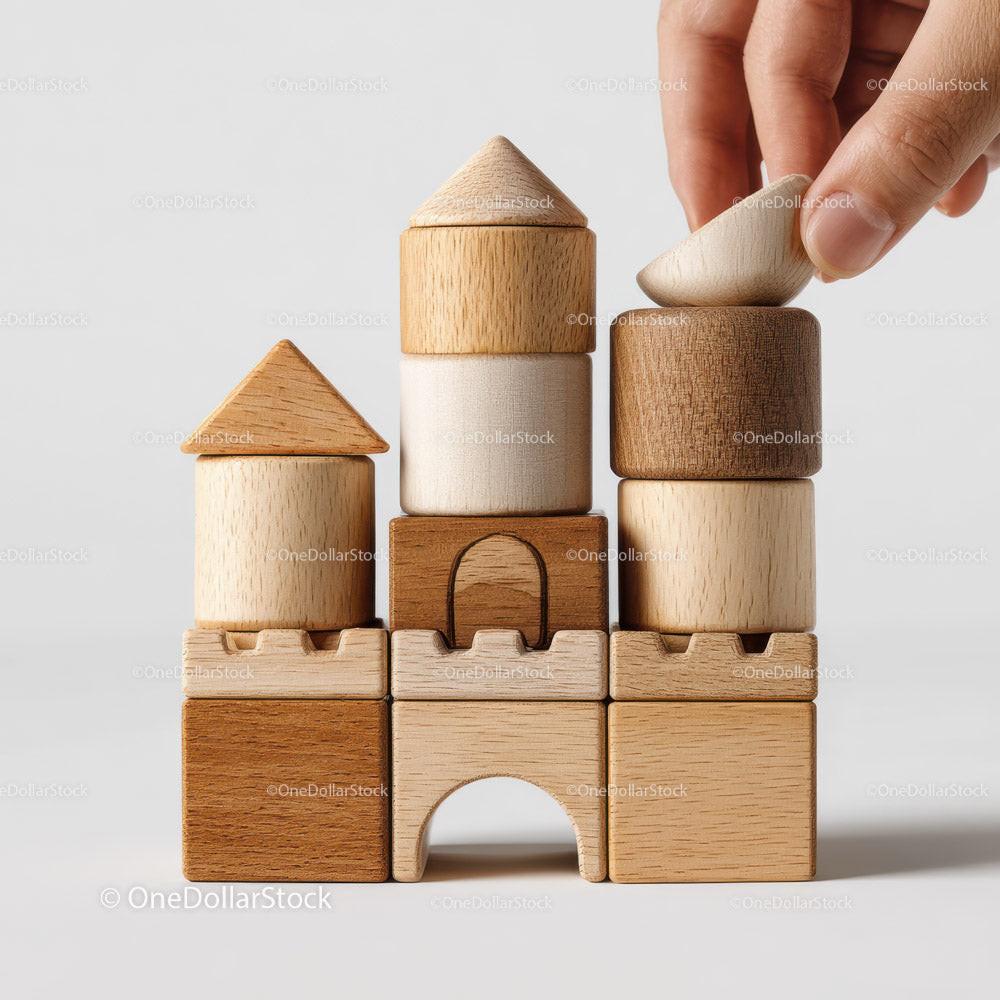 Hand placing rounded wooden block on natural tone castle structure made of stacked wooden blocks
