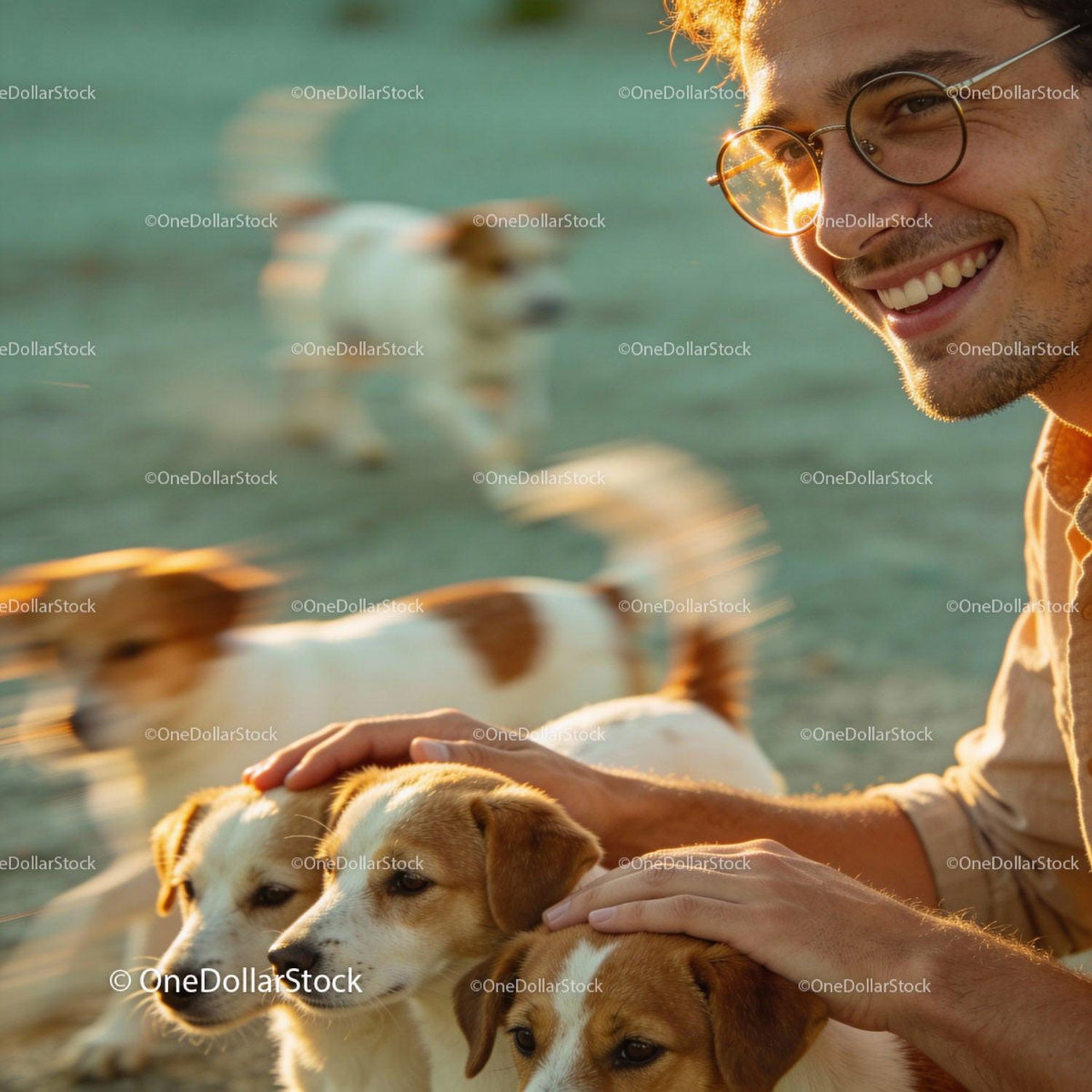 Smiling man gently petting three playful puppies outdoors