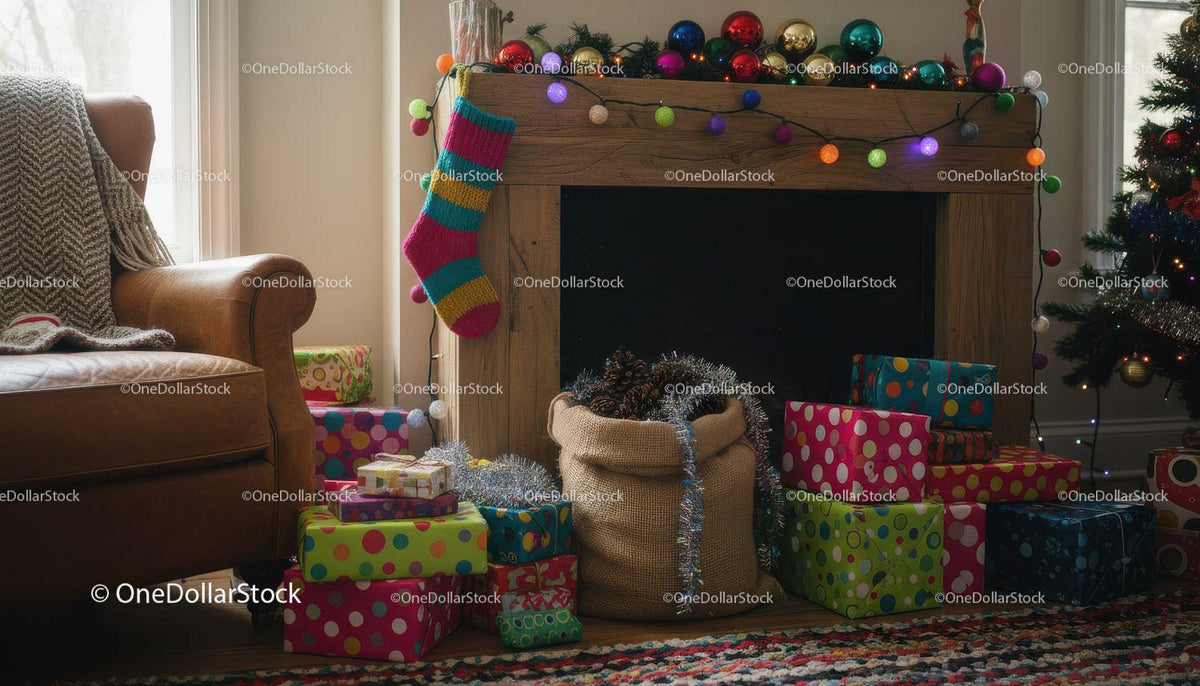 Cozy Living Room with Christmas Stocking and Gifts