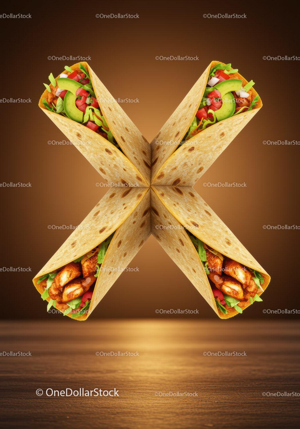 Four Chicken Tacos Arranged in Symmetrical Cross on Wooden Surface