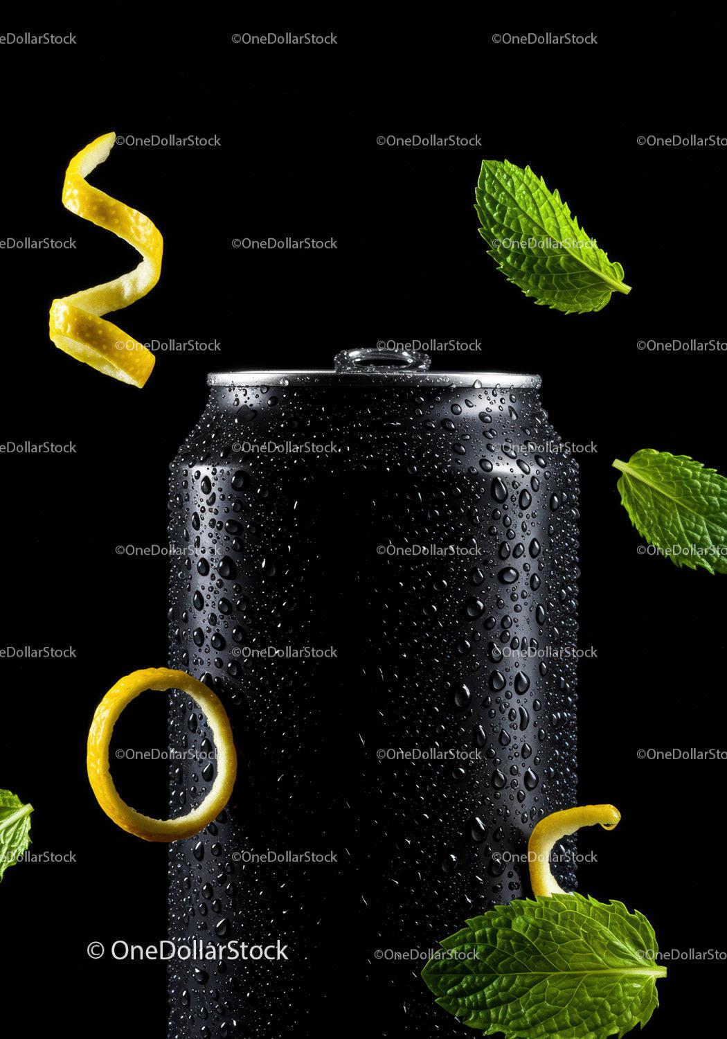 Cold black can with mint leaves and lemon peel