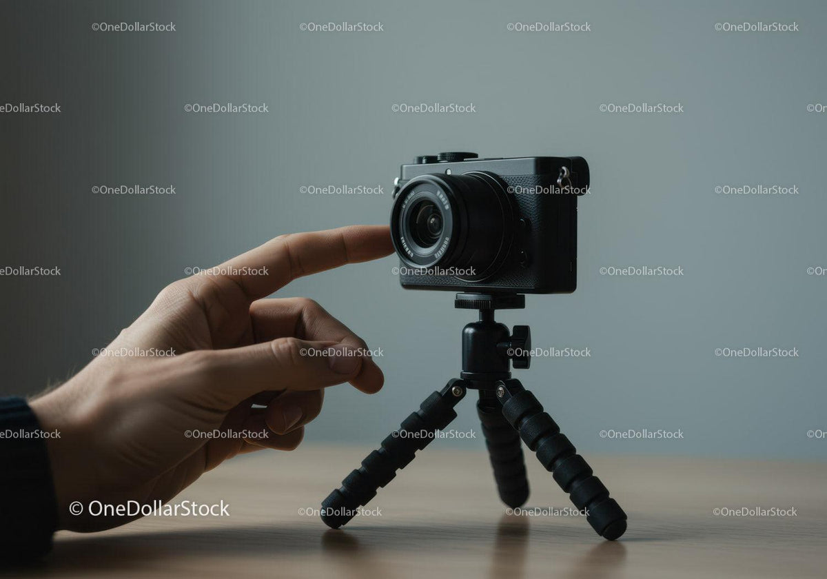 Professional Black Compact Mirrorless Digital Camera on Tripod