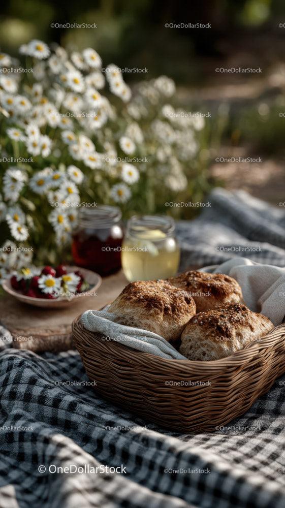 Outdoor Picnic with Fresh Baked Bread and Honey Jars in Sunlight Stock Photo Bundle preview 11