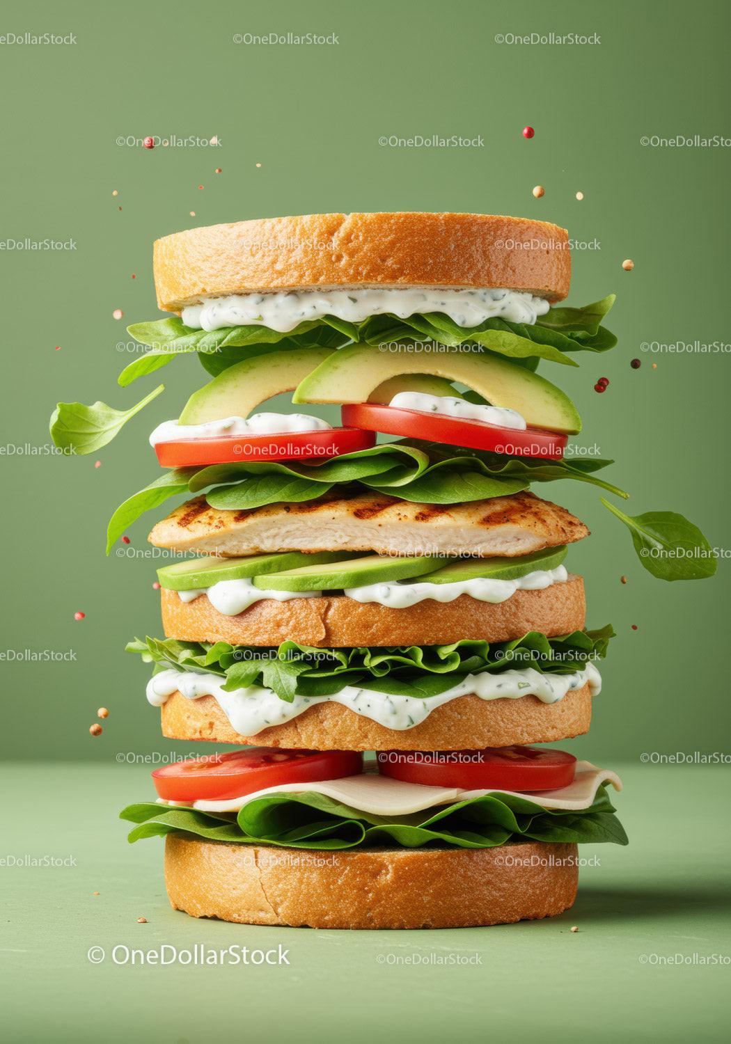 Fresh grilled chicken sandwich with avocado and greens