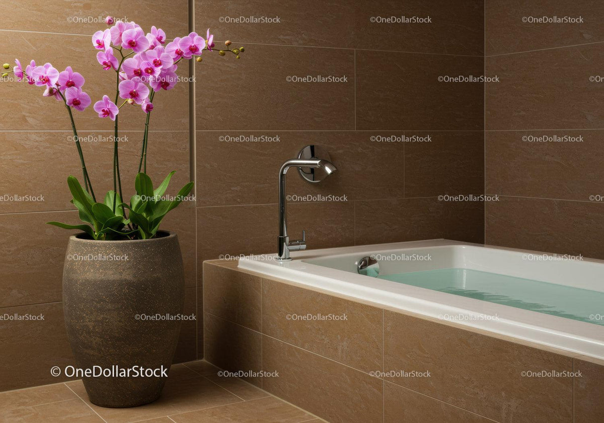 Elegant Bathroom with Pink Orchid and Modern Bathtub in Warm Earth Tones