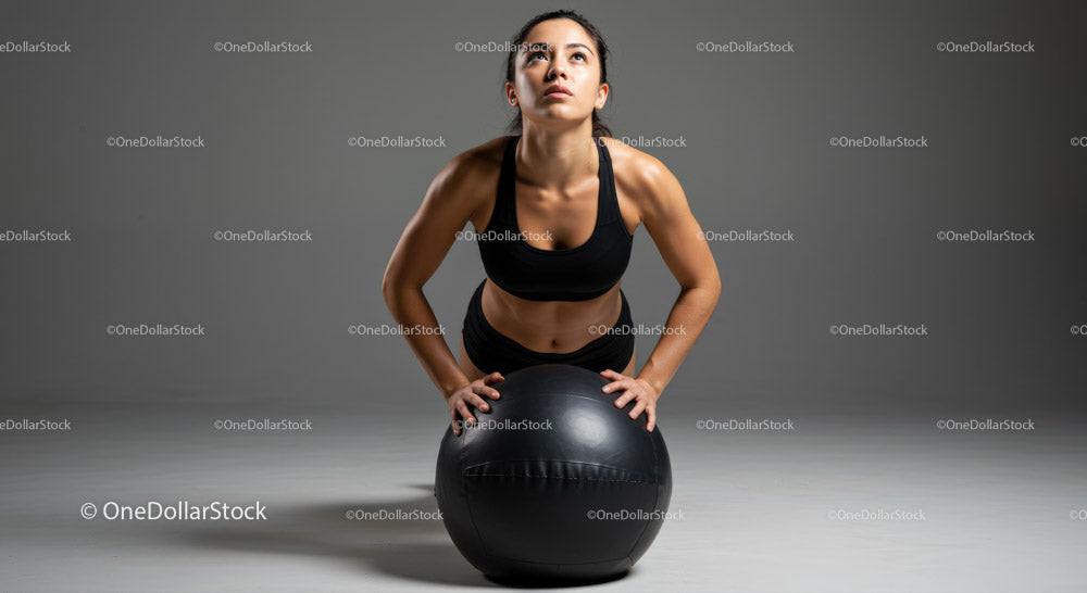 Fitness Woman in Black Sportswear with Exercise Ball in Studio