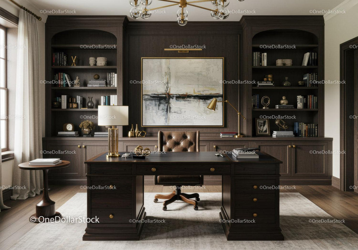 Elegant classic home office with dark wood furniture