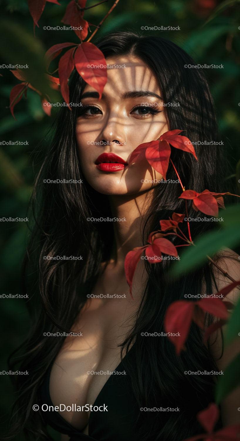 Beautiful Young Woman with Red Lips Surrounded by Green and Red Leaves