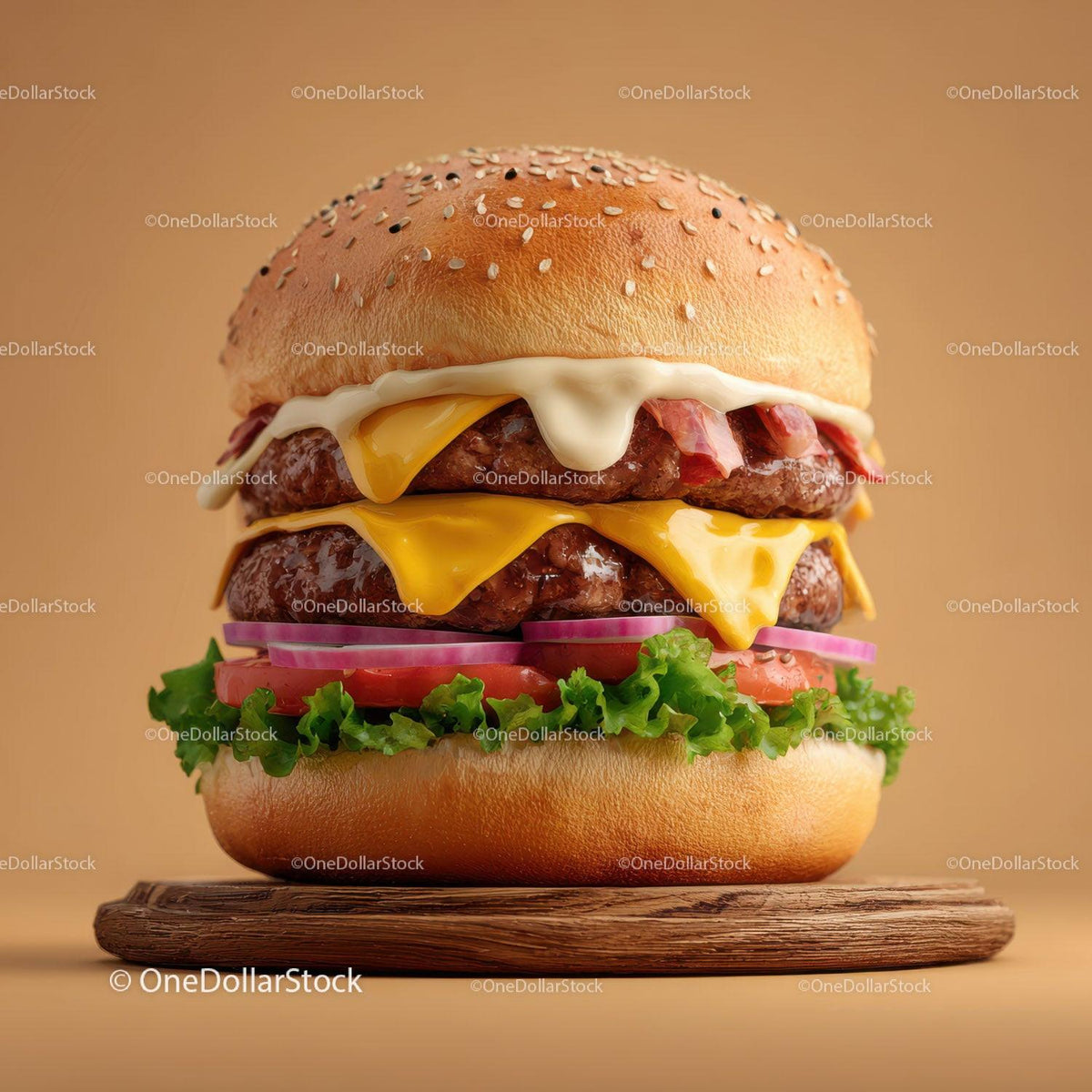 Gourmet Cheeseburger with Cheese Lettuce Tomato Red Onions Stock Photo Bundle preview 27