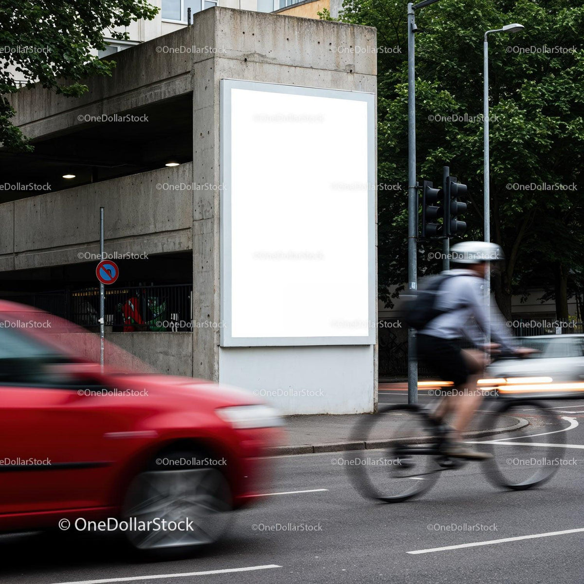 Urban street scene with cyclist and moving cars near billboard JPG Mockup Image preview