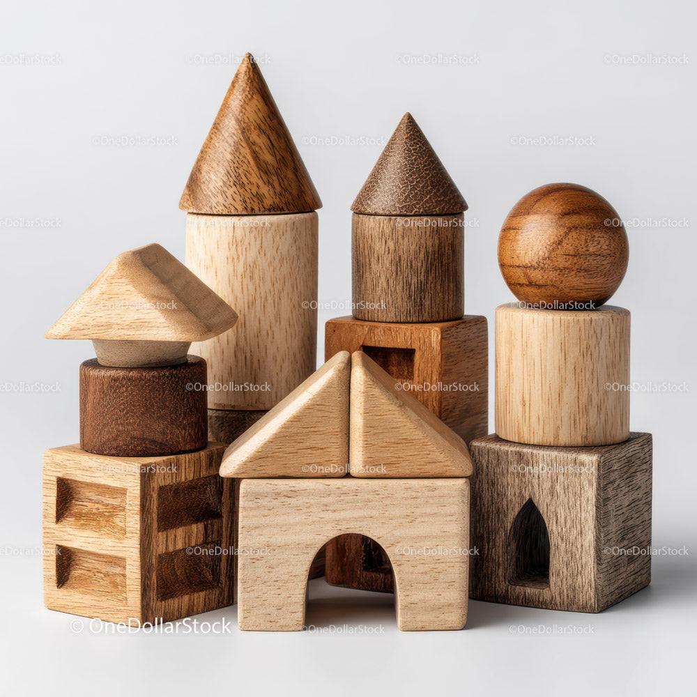 Set of various natural wood geometric building blocks including cones, cylinders, cubes, and arches