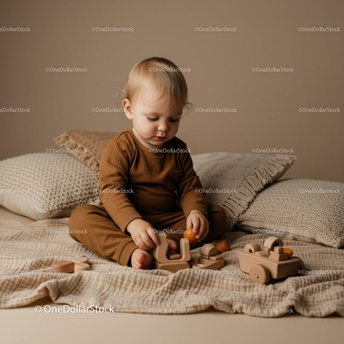 Toddler Playing with Wooden Toys on Cozy Bed