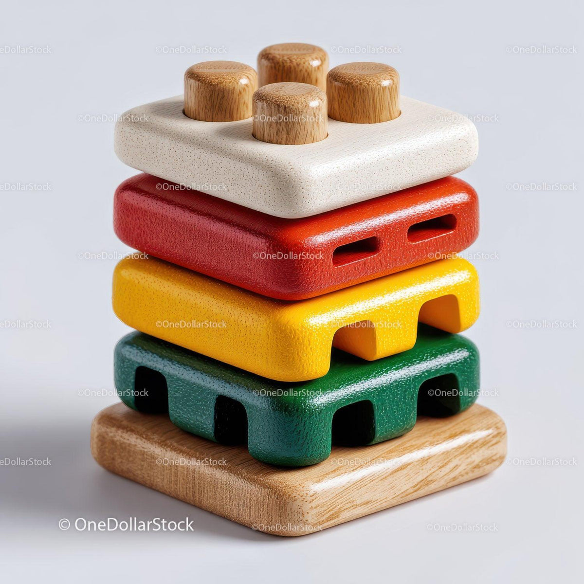 Stack of four colorful wooden toy blocks with rounded edges on wooden base