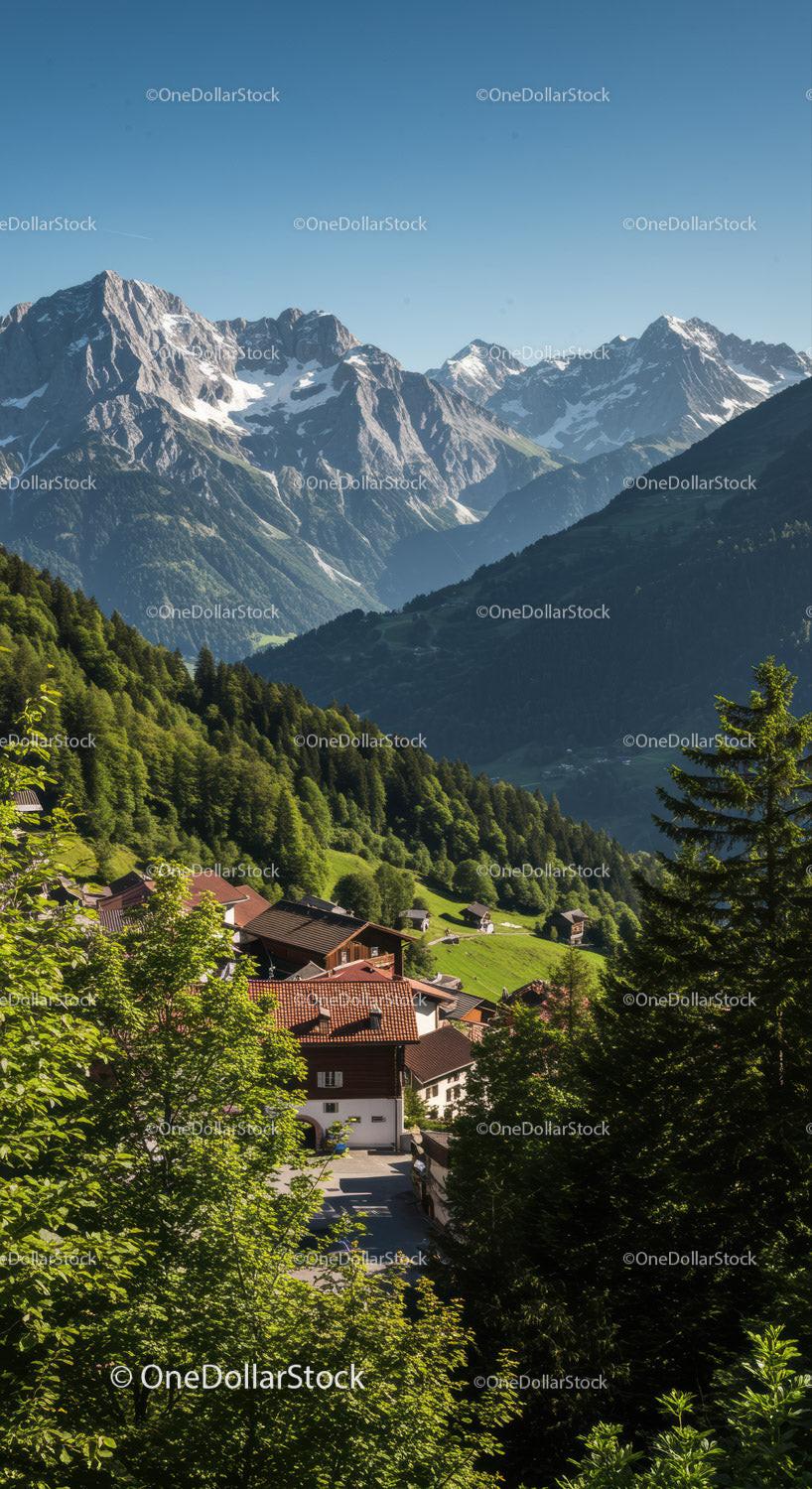 Scenic Mountain Village with Snow-Capped Peaks and Green Forests