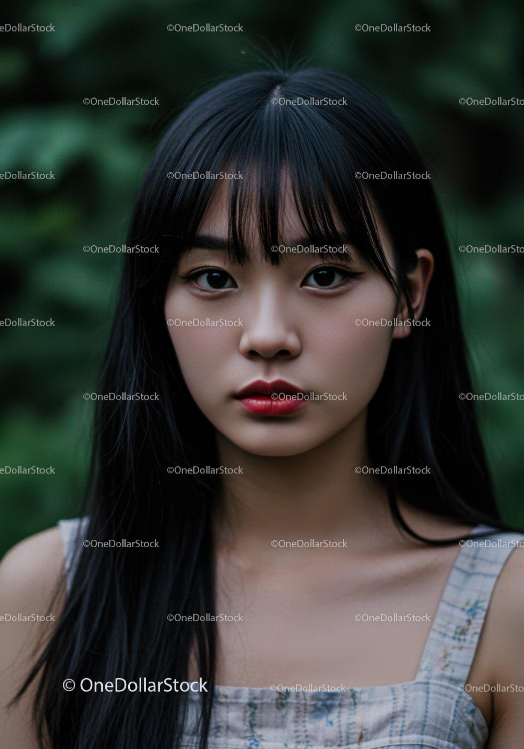 Young Woman with Black Hair and Red Lipstick in Nature