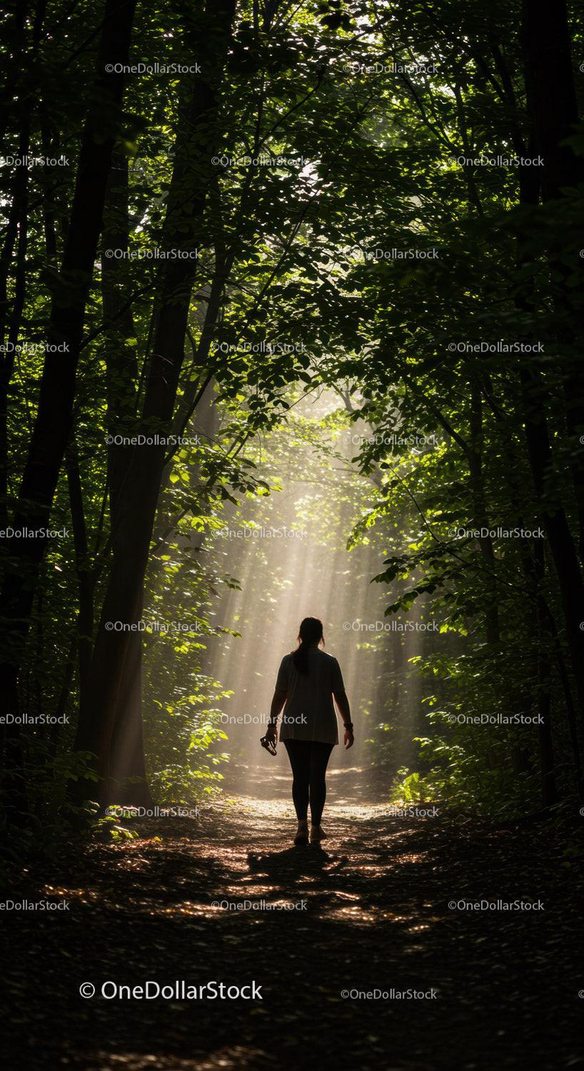 Silhouetted woman walking on sunlit forest path