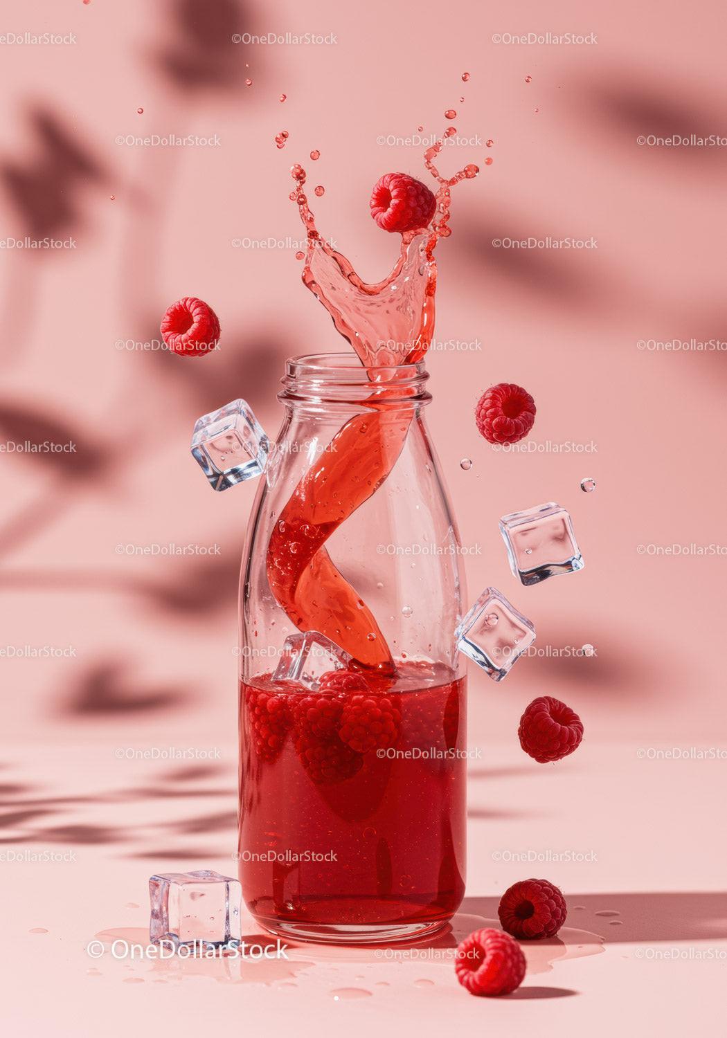 Refreshing raspberry drink splashing in glass bottle
