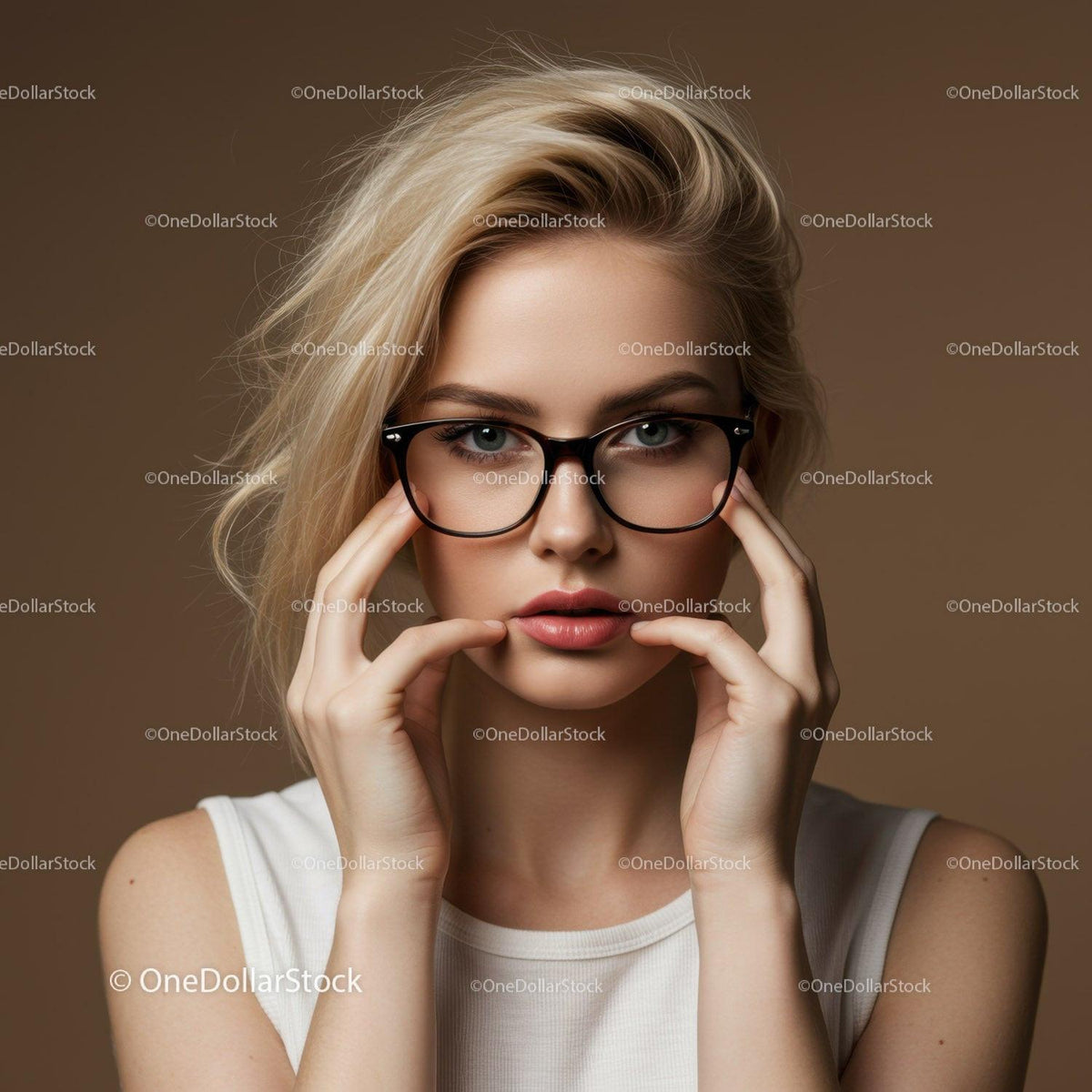 Stylish Woman with Blonde Hair and Black Glasses in Beauty Portrait