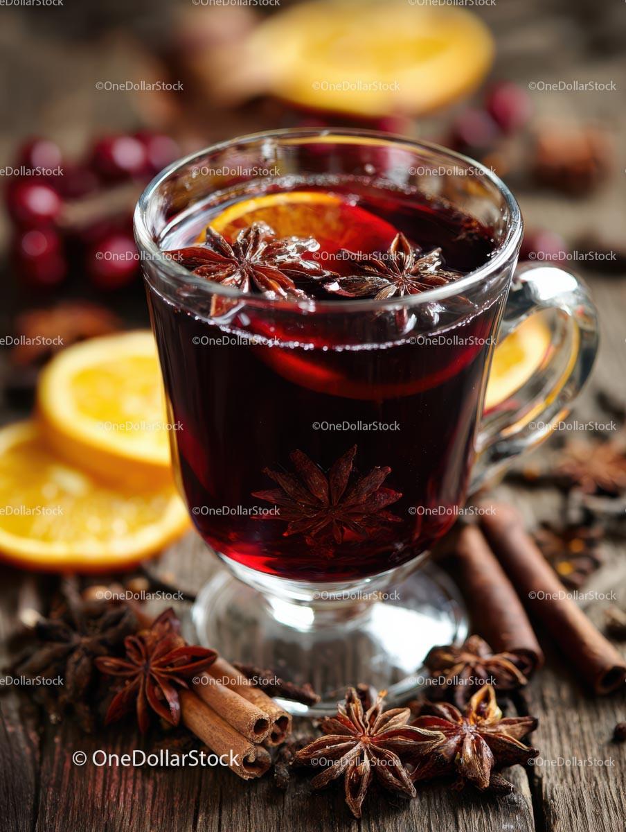 Delicious Mulled Wine with Citrus and Spices in a Glass Mug Stock Photo Bundle preview 19