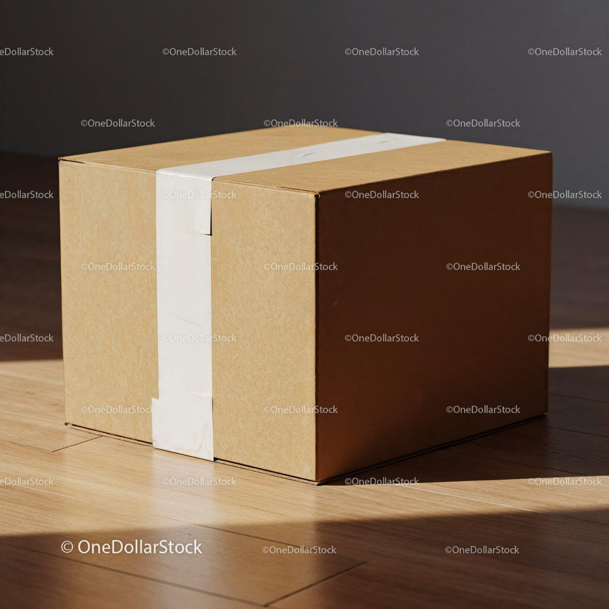 Sealed cardboard box on wooden floor in natural light JPG Mockup Image preview