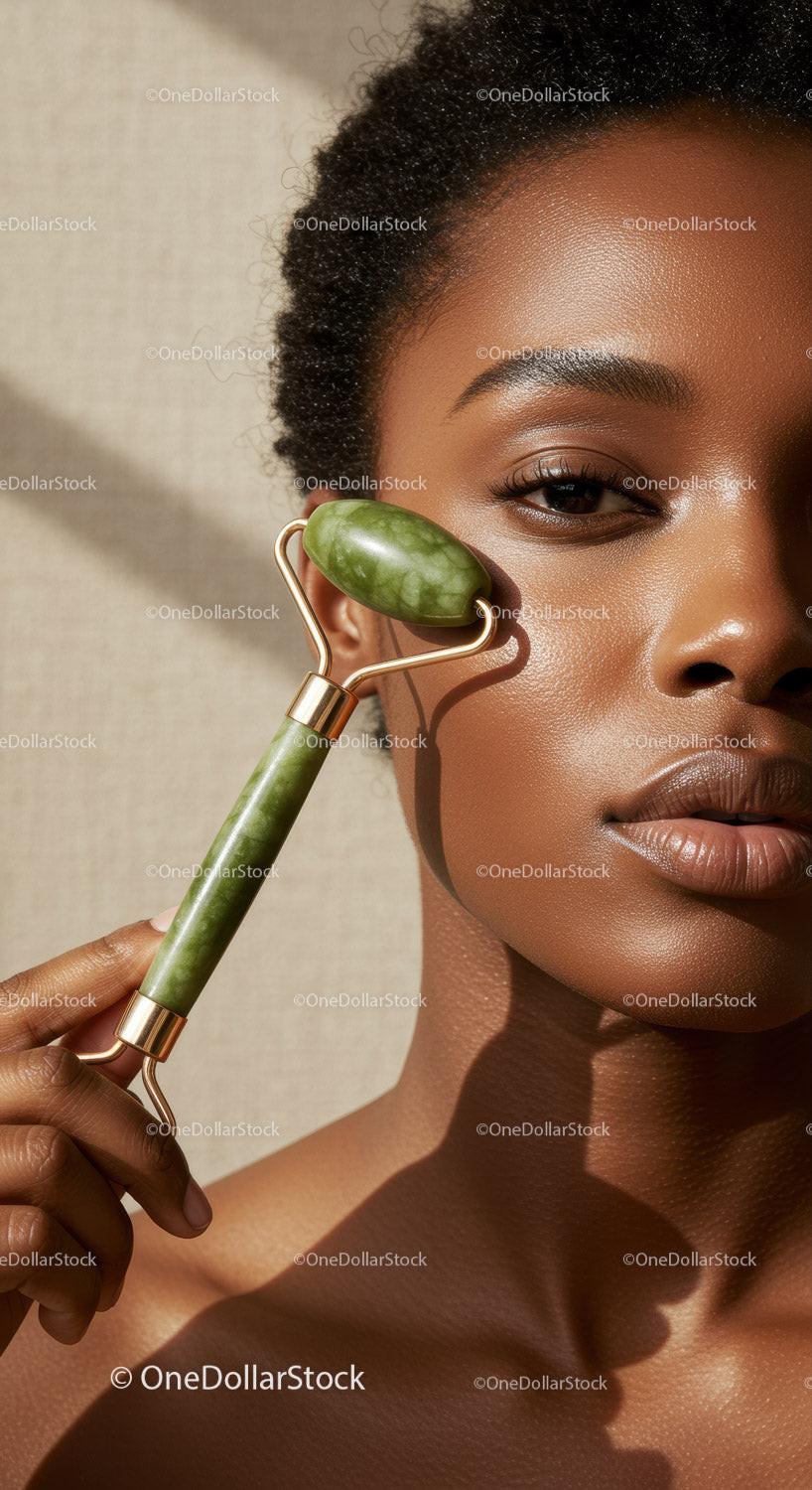 Close-up of Black Woman Using Jade Facial Roller for Skin Care