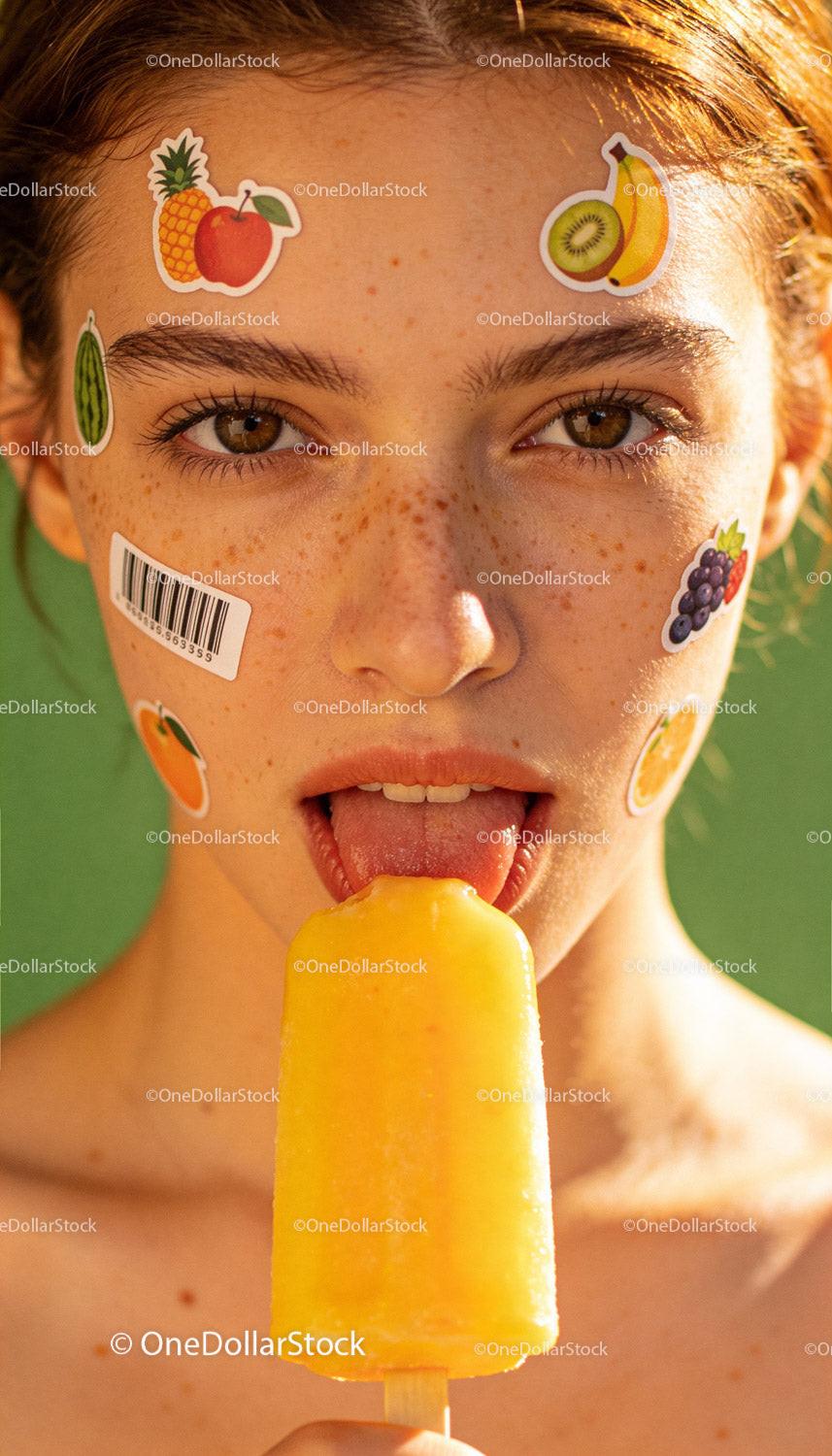 Young woman licking yellow ice pop with fruit stickers