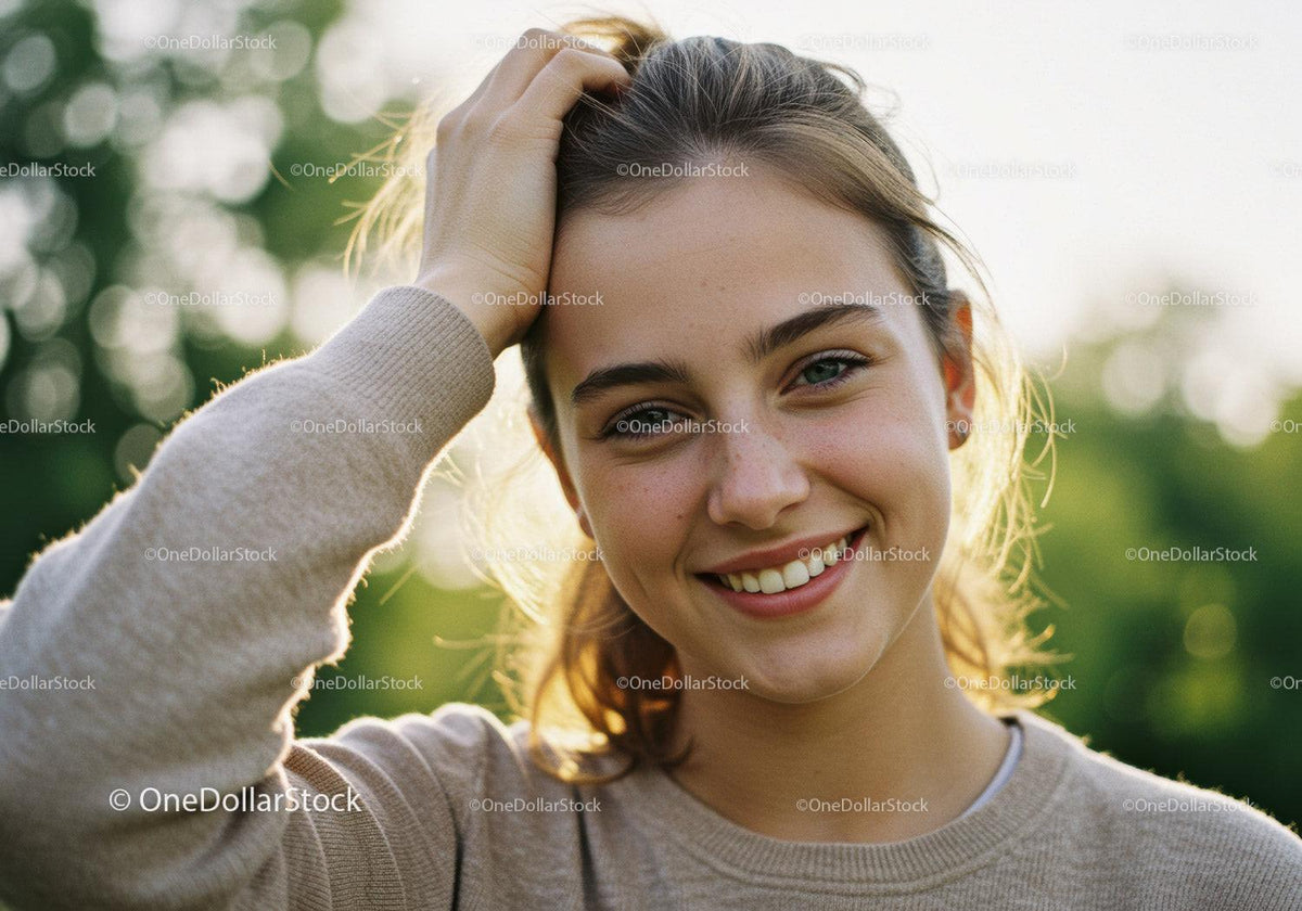 Smiling Young Woman Enjoying Nature Outdoors in Summer
