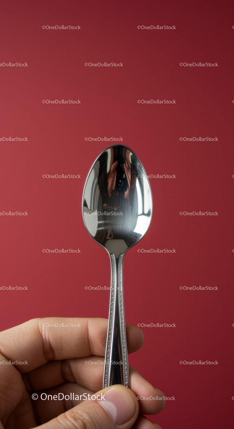 Hand Holding Shiny Stainless Steel Spoon on Red Background