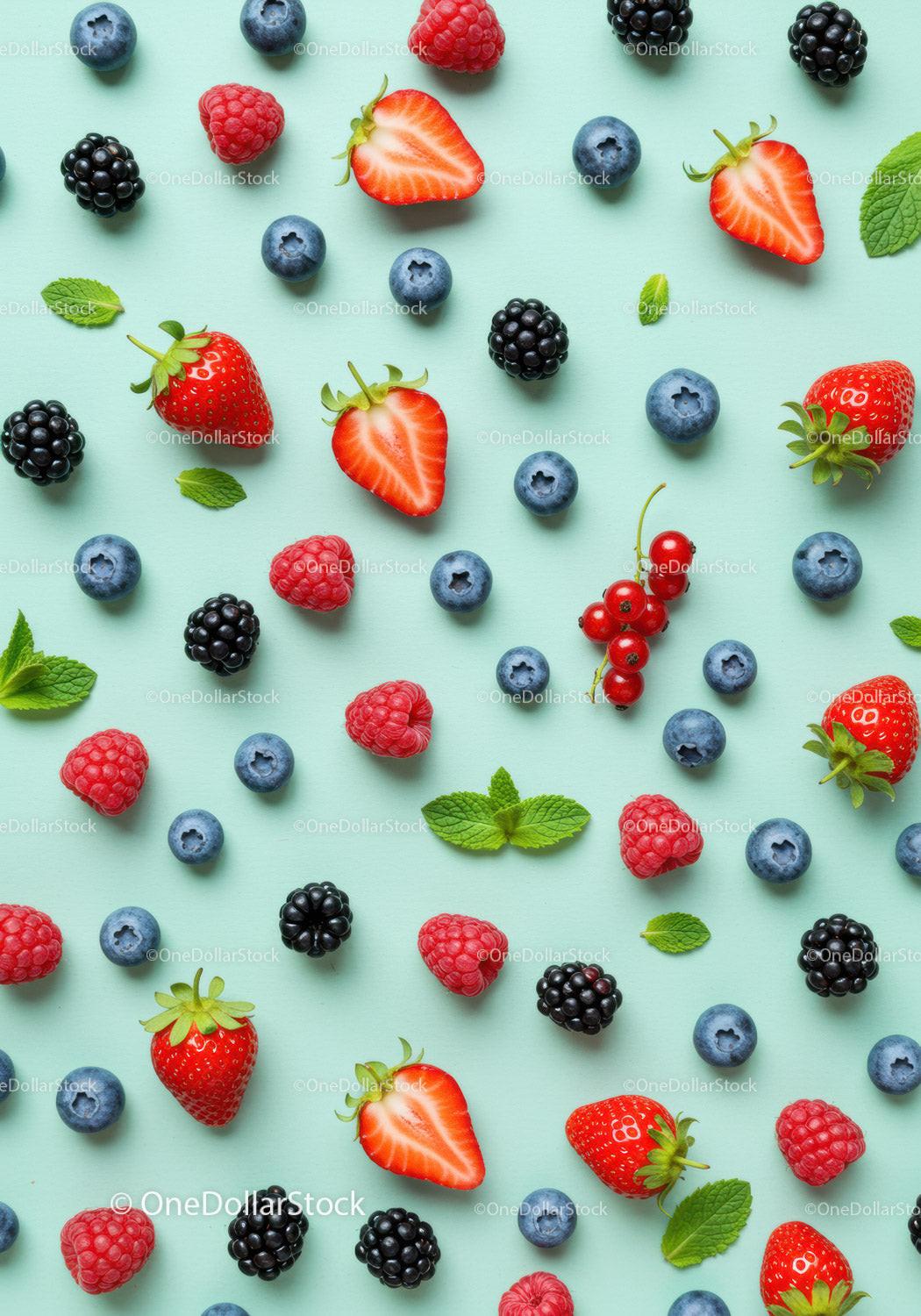 Fresh Mixed Berries and Mint Leaves on Blue Background