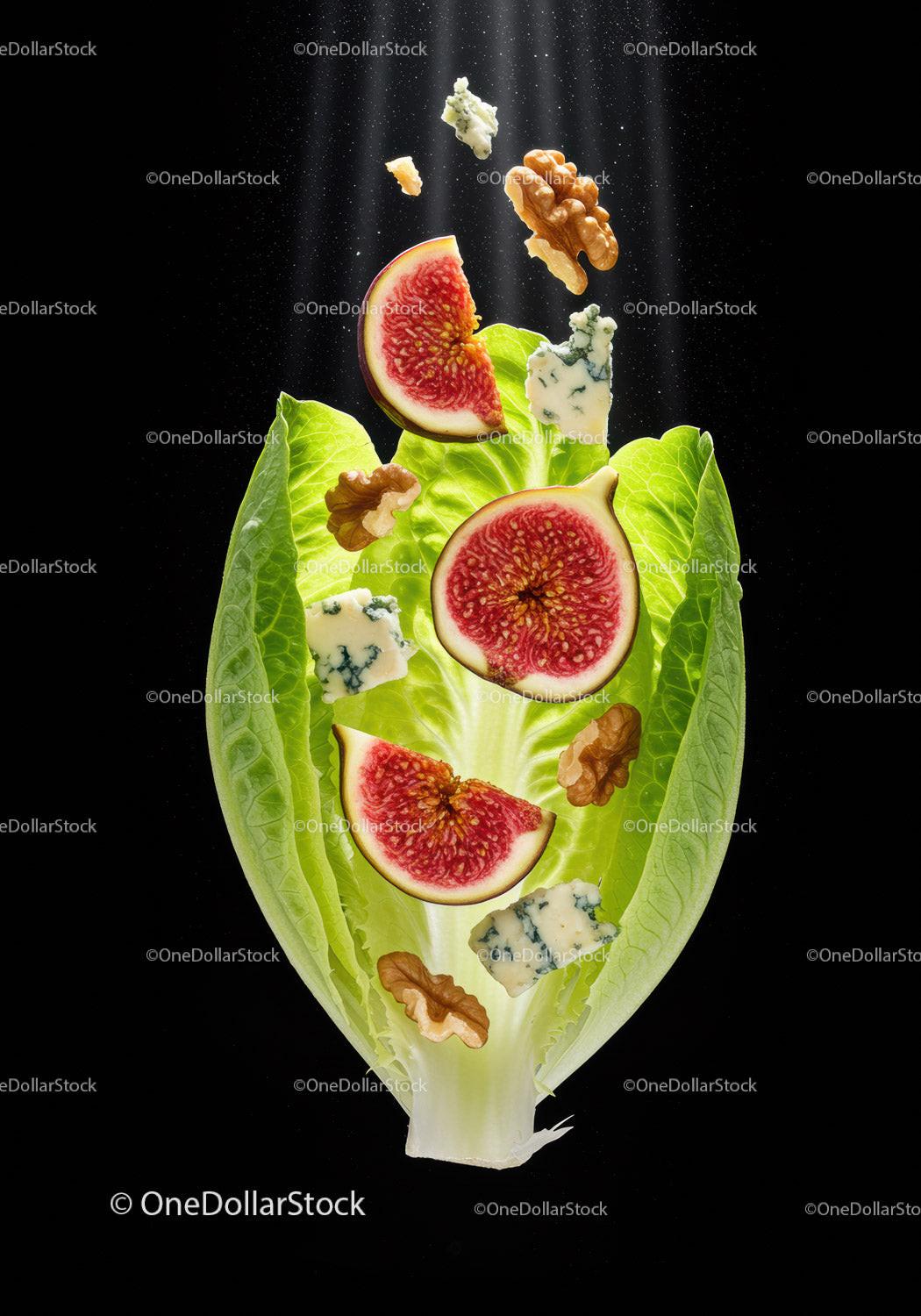 Fresh romaine lettuce with figs walnuts and blue cheese