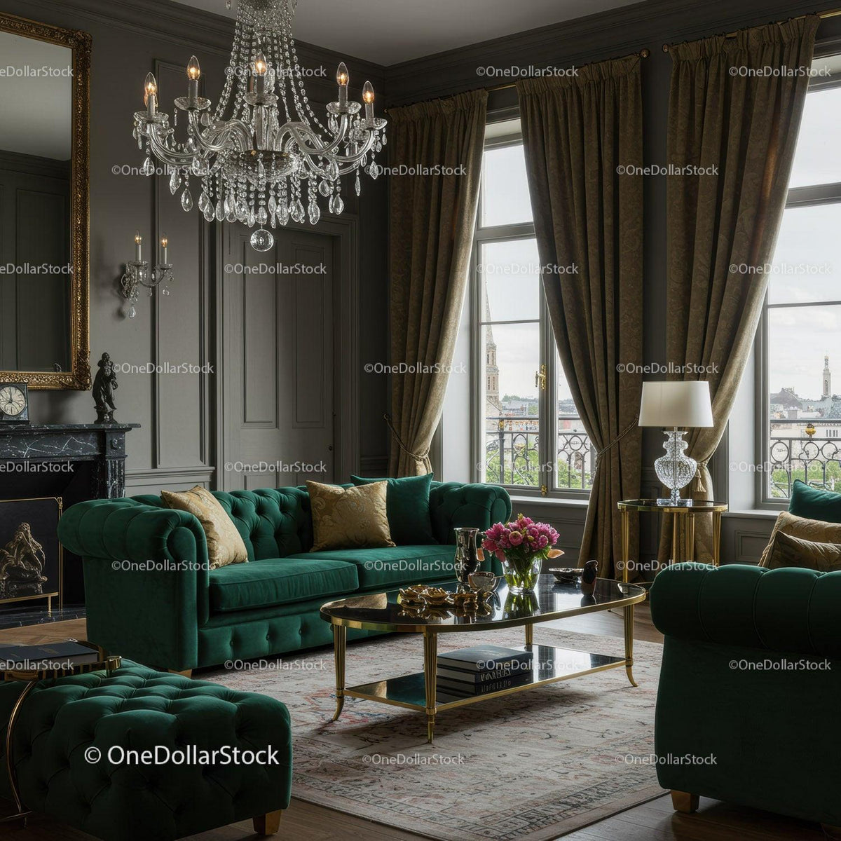 Elegant Living Room with Green Velvet Sofa and Crystal Chandelier